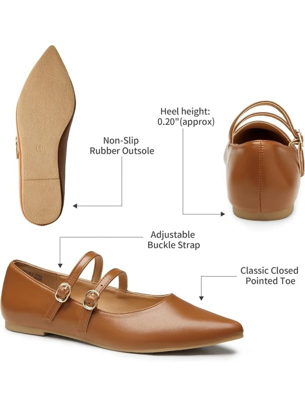 Women's Brown Mary Jane Shoes Women Closed Pointed Toe Ballet Flats Comfortable
